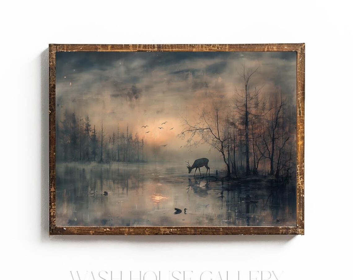 Deer Drinking at a Misty Bayou at Dawn Landscape Oil Art Poster