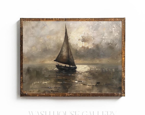 Dark Vintage Sailboat Coastal Cottage Wall Art Cottagecore Beach Wall Art For Beach Cottage Decor Moody Sailing Print Sailboat Art