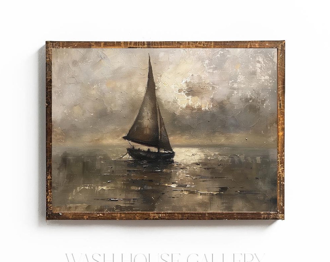 Lone Sailboat on Misty Gray Sea Vintage Coastal Oil Art Poster - Image 3