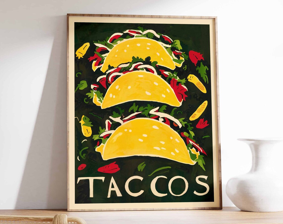 Bold Vintage Tacos Trio Dark Green Background Mexican Art Poster