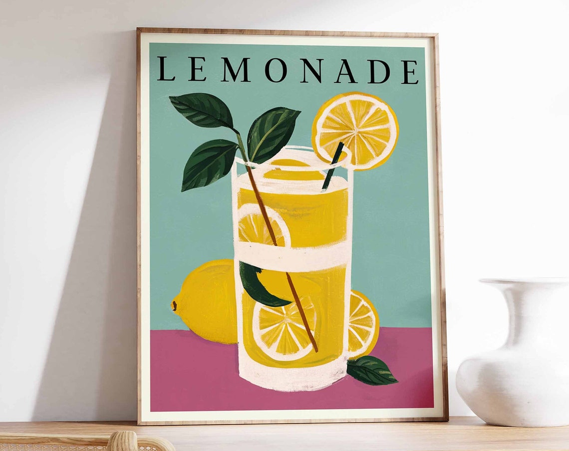 Lemonade Tall Citrus Glass Mint Pink Retro Kitchen Summer Poster