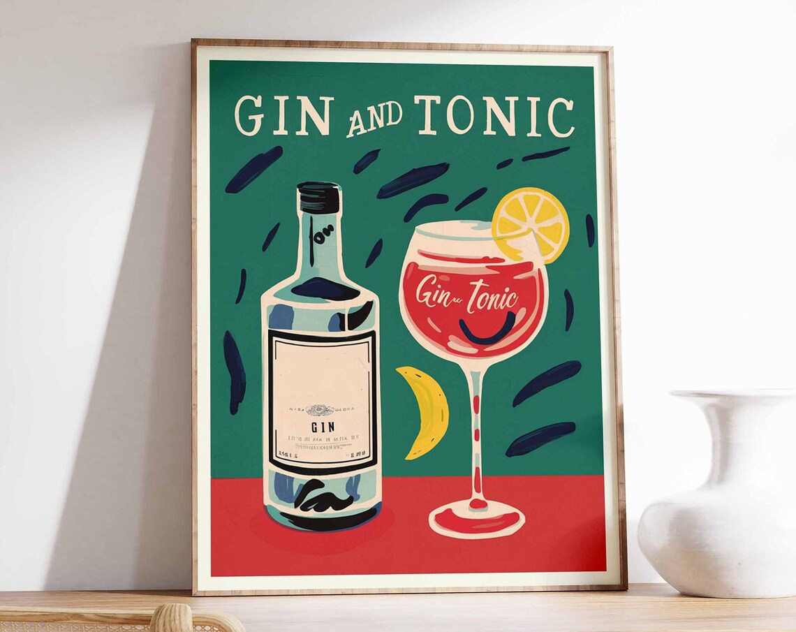 Gin and Tonic Dark Teal Party Confetti Vintage Cocktail Wall Art