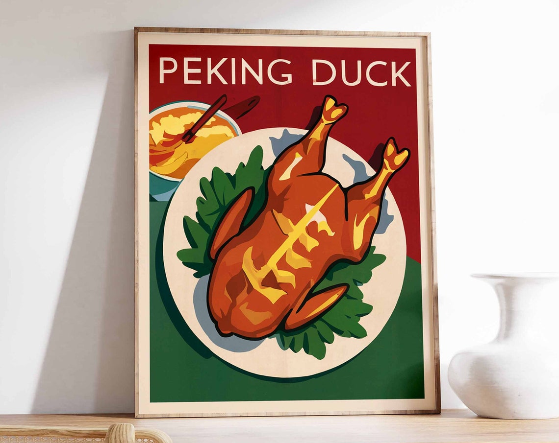 Peking Duck Roast Platter Red Background Chinese Kitchen Art Poster