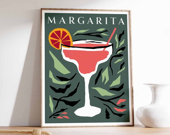 Margarita Pink Cocktail Glass Botanical Retro Tropical Bar Poster