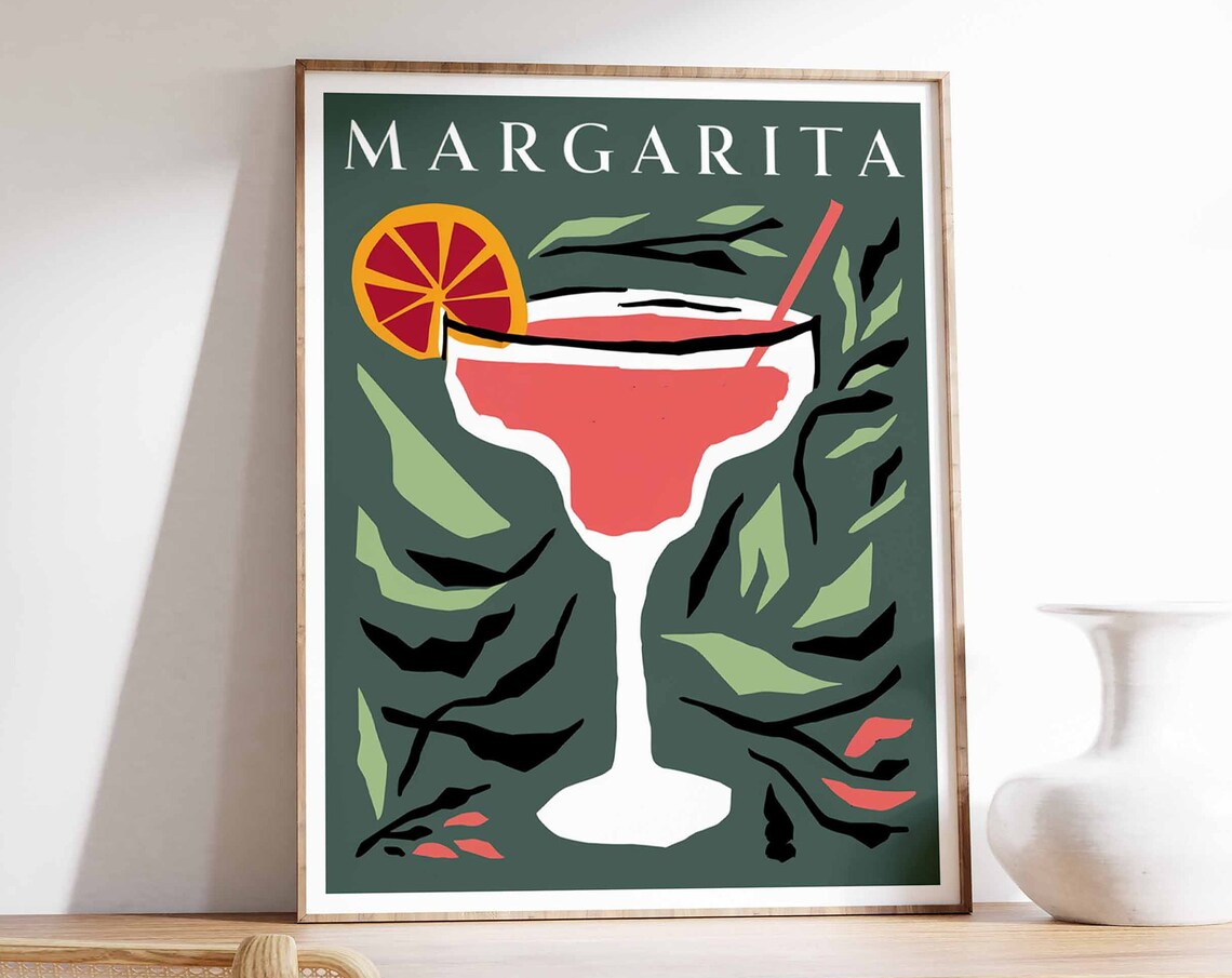 Margarita Pink Cocktail Glass Botanical Retro Tropical Bar Poster