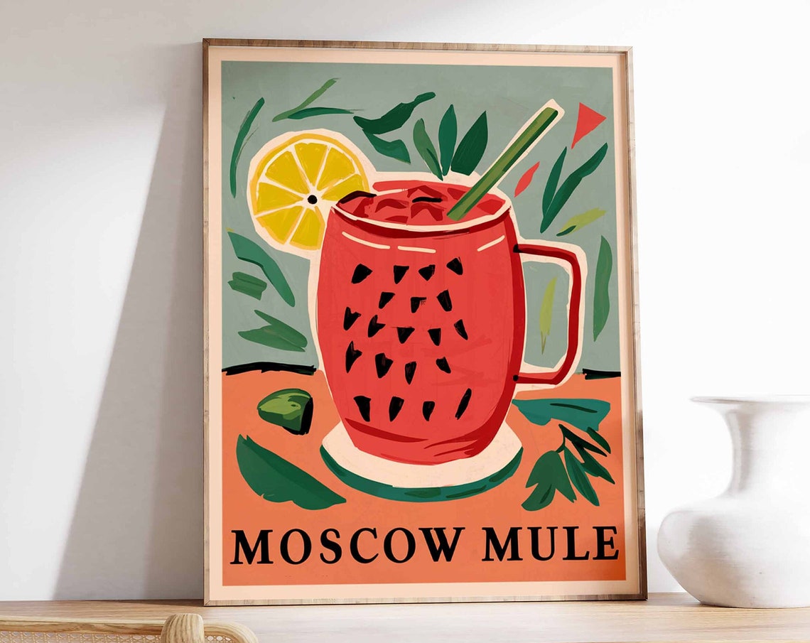 Moscow Mule Watermelon Pattern Mug Coral Retro Cocktail Wall Art