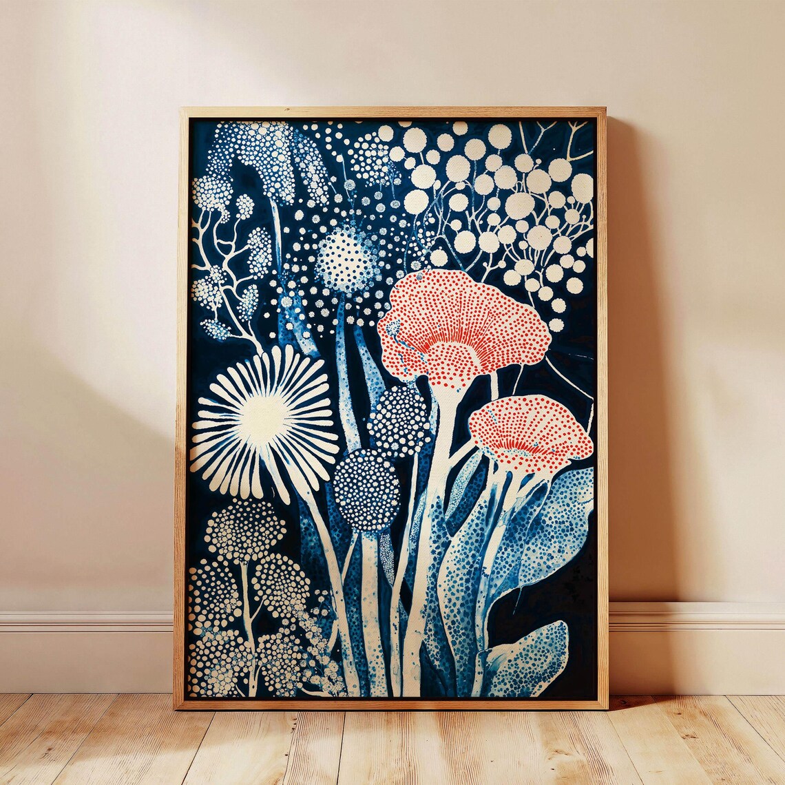 Red Poppy and Daisy Cyanotype Botanical Poster in Deep Indigo Blue