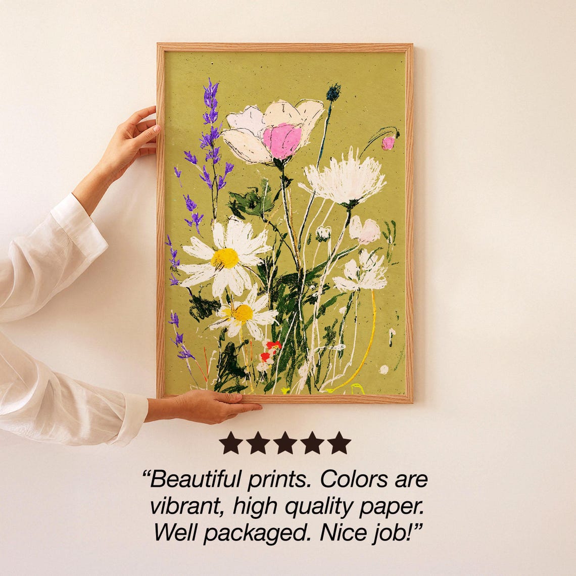 Sage Green Wildflower Meadow Daisy Lavender Pastel Botanical Wall Art - Image 3