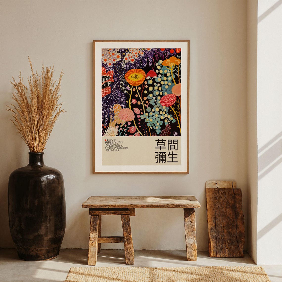 Yayoi Kusama Inspired Indigo Orange Dark Night Flower Poster - Image 3