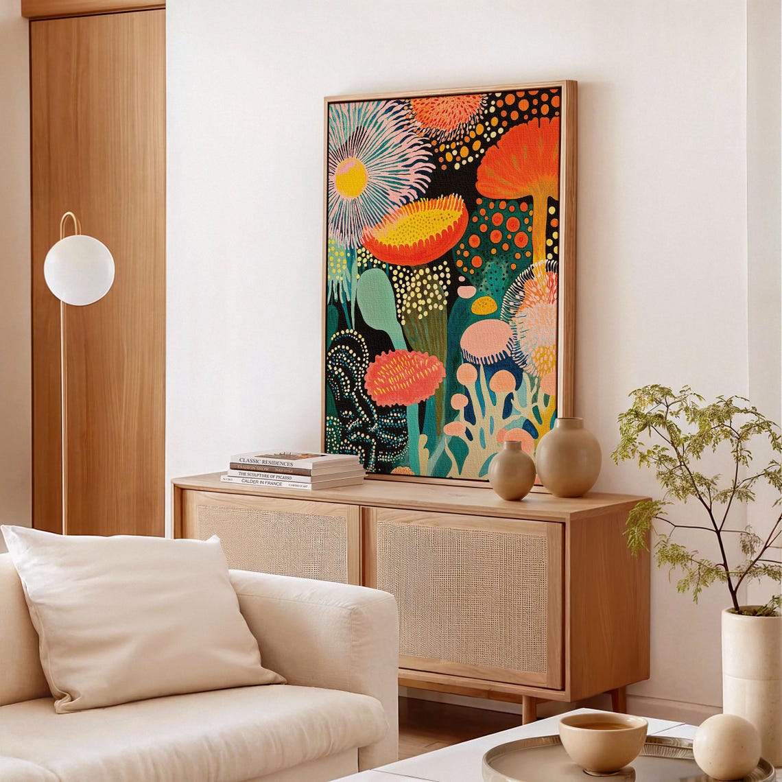Teal and Orange Dotted Blooms Abstract Botanical Poster on Black - Image 3