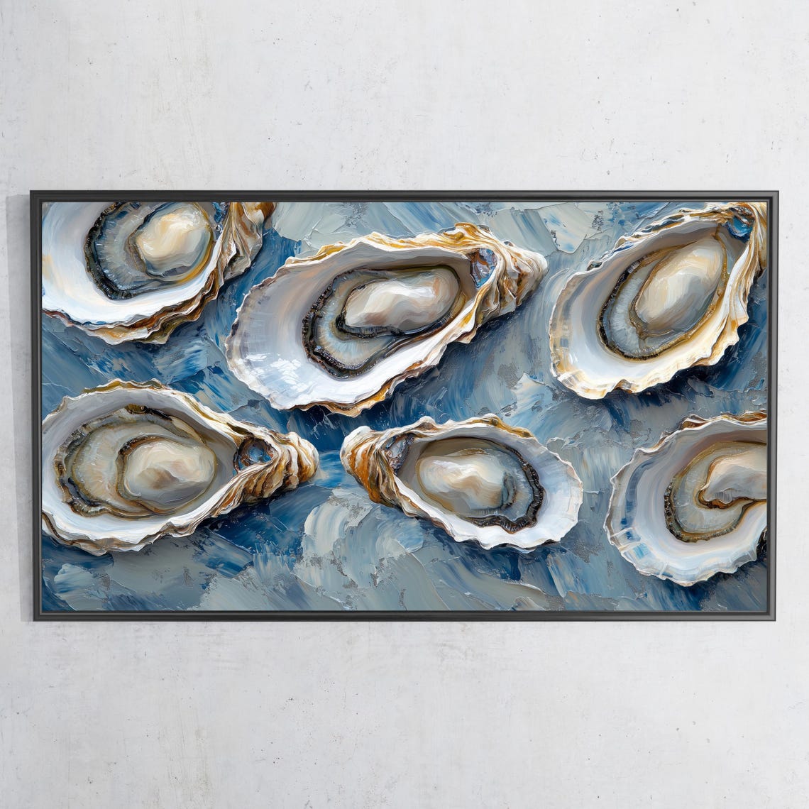 Oyster Shells Blue Coastal Still Life Textured Oil Painting Poster