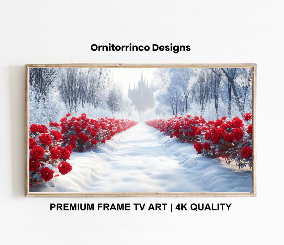 Winter Red Rose Snowy Path Forest Church Scene Romantic Wall Art - Image 3