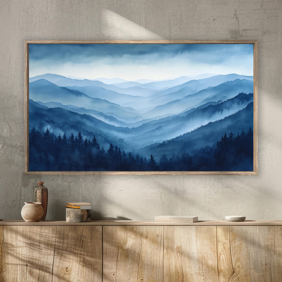 Blue Misty Mountain Layers Smoky Ridge Watercolor Landscape Wall Art - Image 2