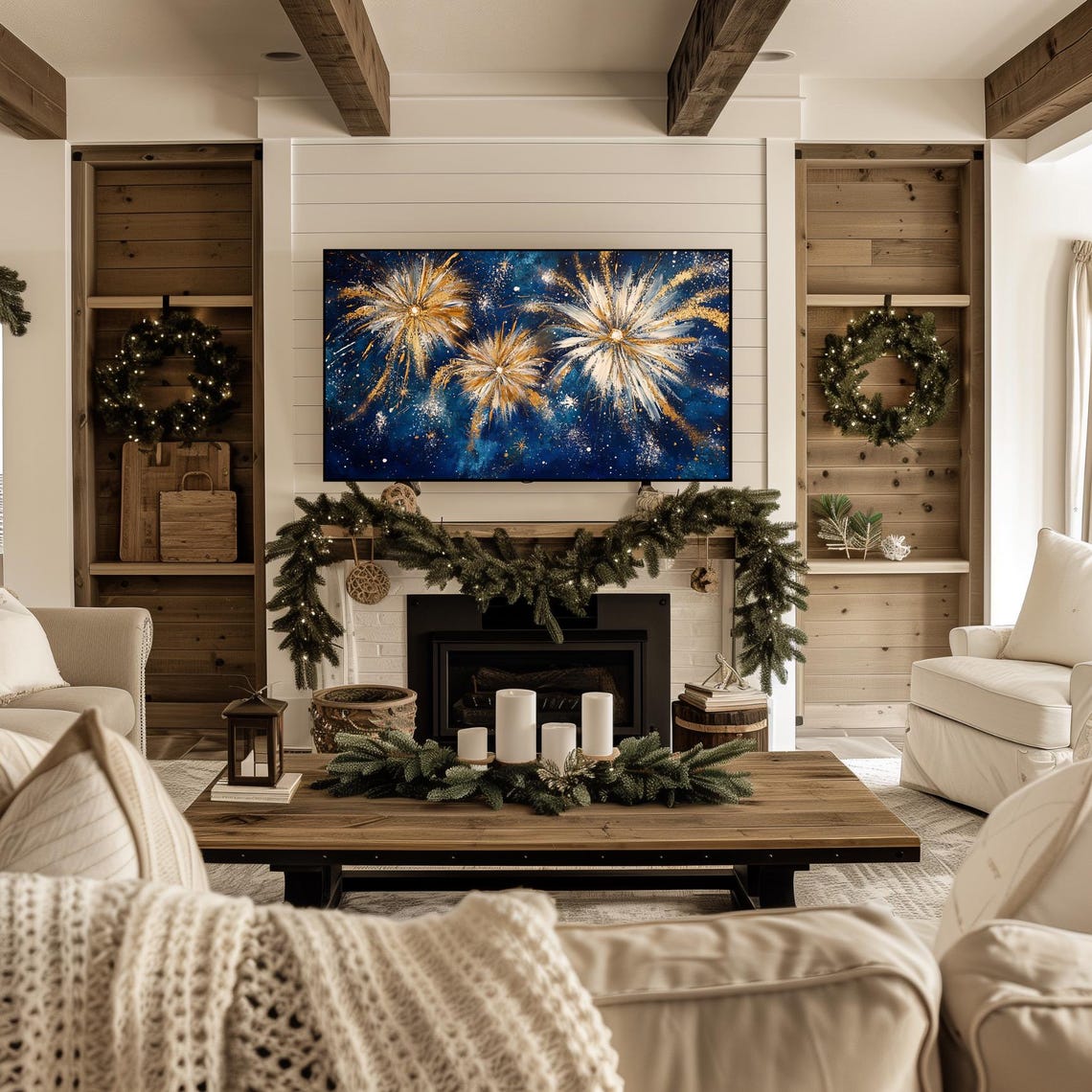 Gold White Fireworks Deep Blue Night Sky Festive Painting Poster - Image 3