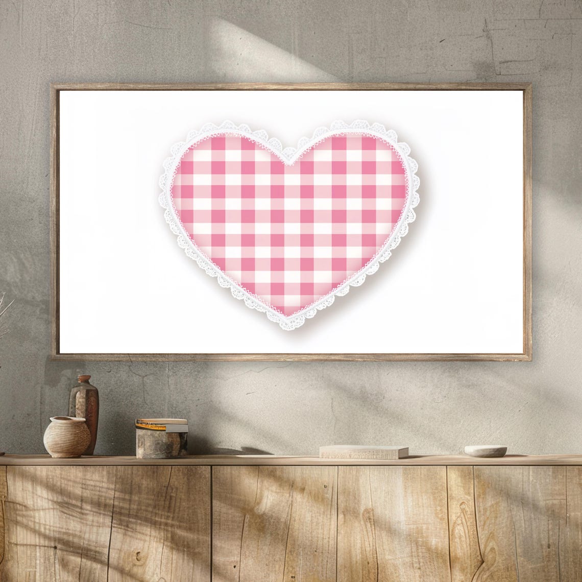 Pink Gingham Heart White Lace Trim Sweet Cottage Valentine Wall Art - Image 2