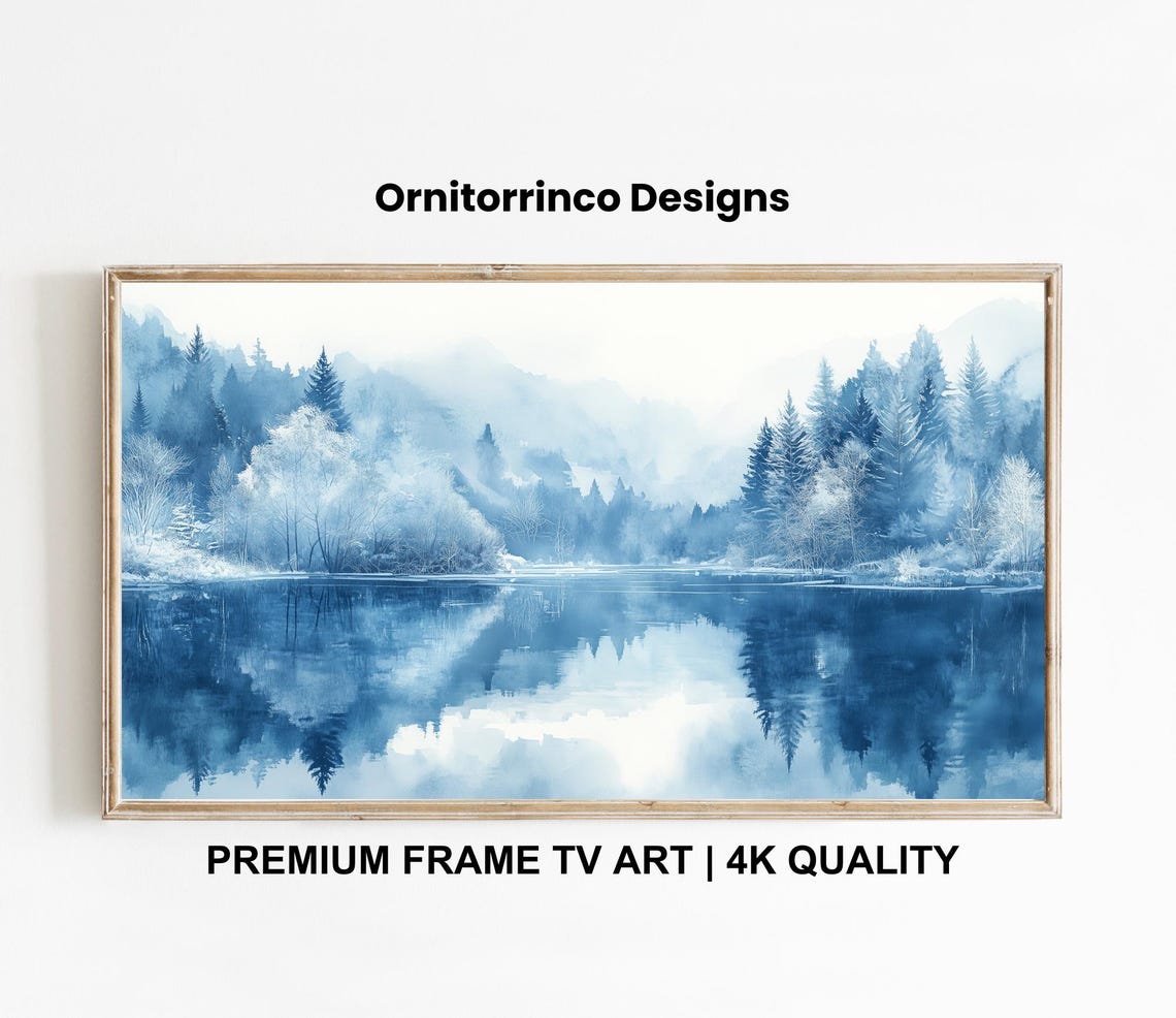 Winter Blue Lake Misty Pine Forest Reflection Watercolor Travel Poster - Image 3