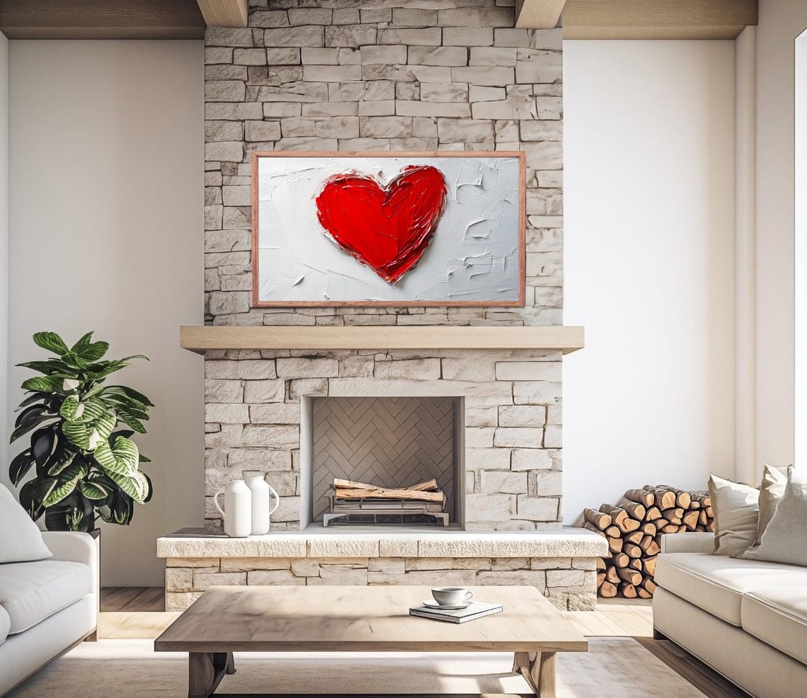 Red Heart Textured Impasto Oil Painting White Background Wall Art - Image 2