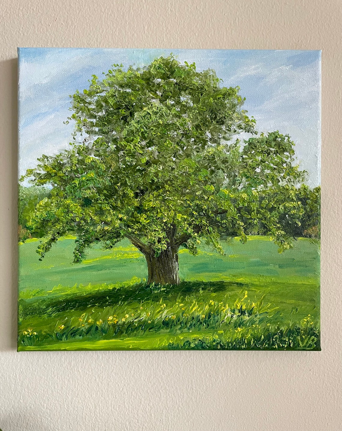 Majestic Oak Tree Sunny Park Meadow Green Landscape Oil Wall Art - Image 3