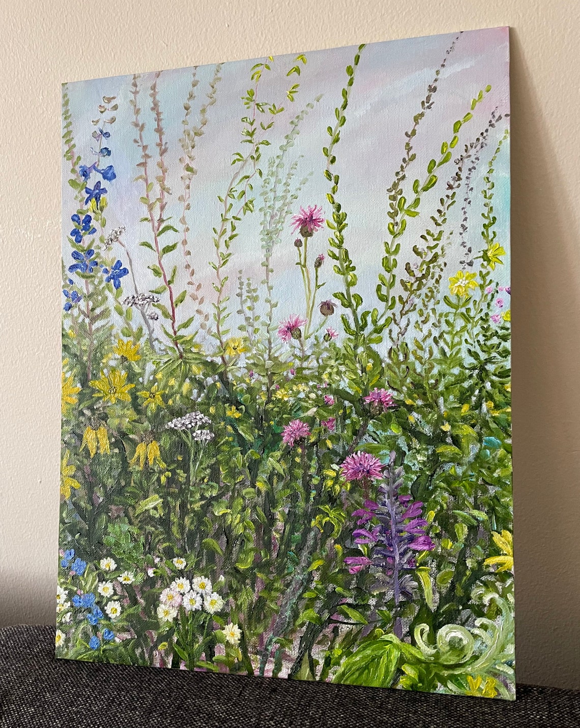 Wildflower Meadow Blue Larkspur Yellow Blooms Valley Oil Painting Art - Image 2
