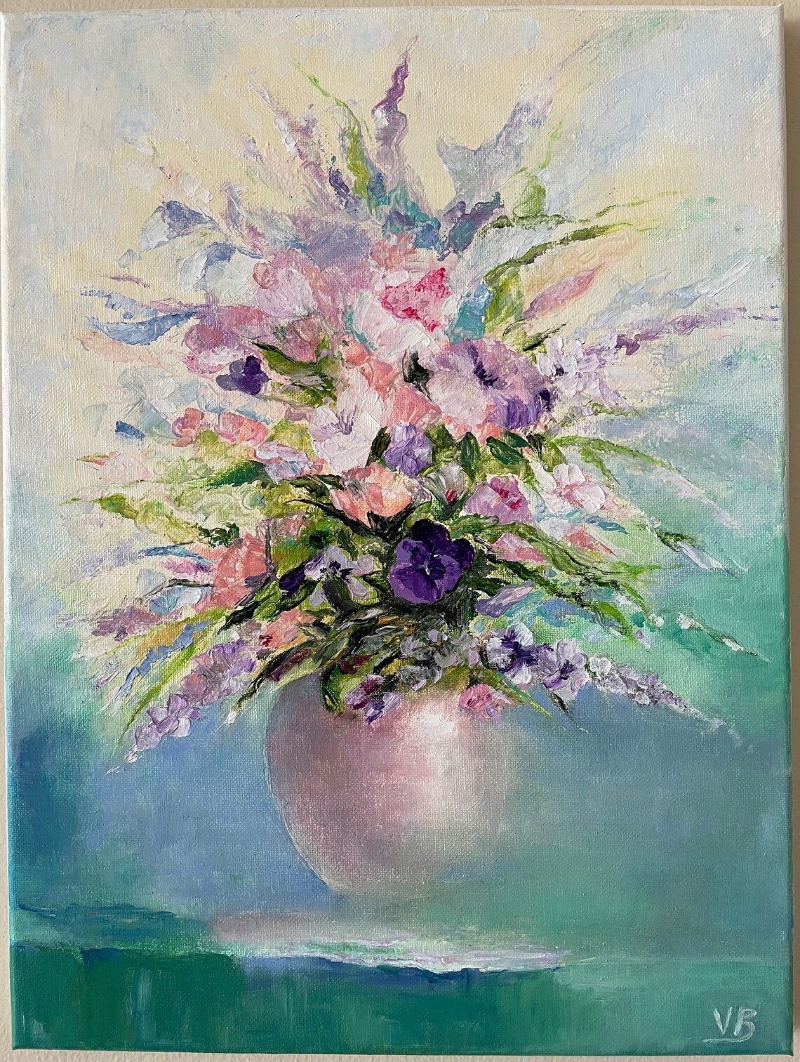 Pastel Purple Pink Bouquet Vase Soft Floral Oil Painting Wall Art