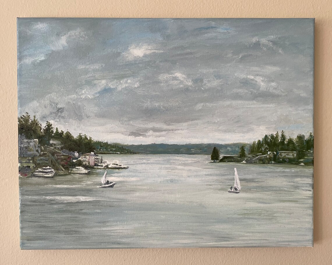 Misty Lake Sailboats Gray Day Pacific Northwest Water Oil Painting Art - Image 4