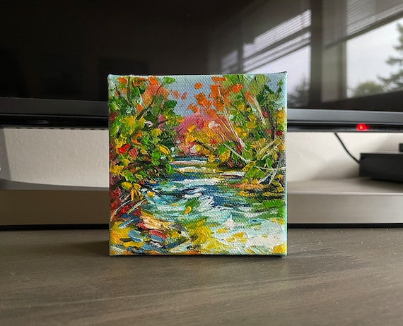 Autumn River Flowing Through Fall Foliage Original Oil Painting Wall Art