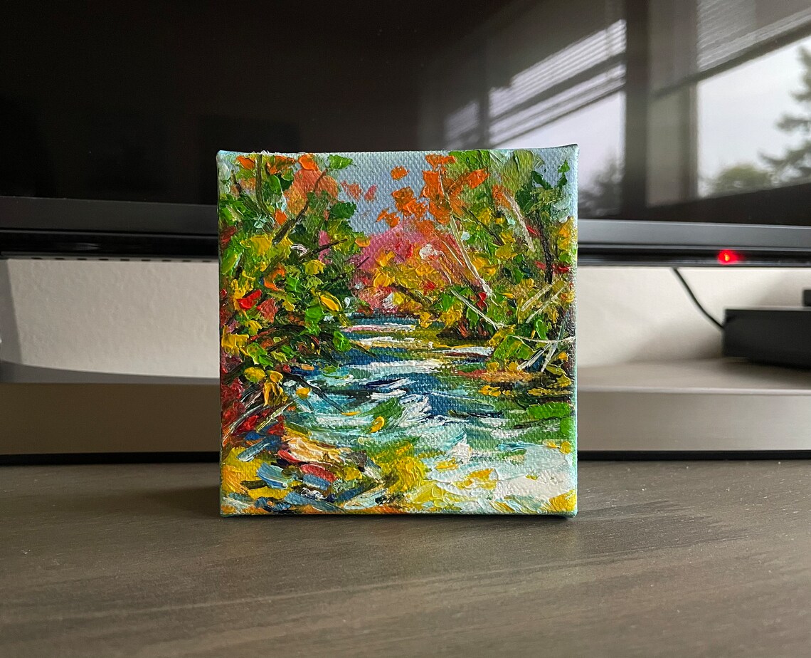 Autumn River Flowing Through Fall Foliage Original Oil Painting Wall Art
