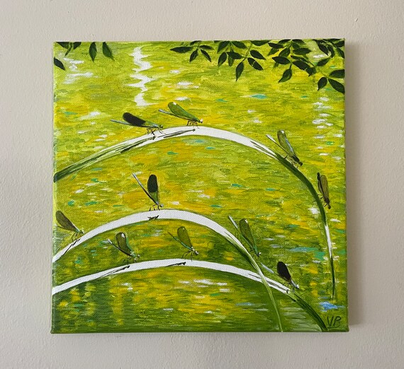Dragonflies On Lake Original Handmade Oil Painting On 10x10 Rural Landscape One Of A Kind For Nature Lovers Gift