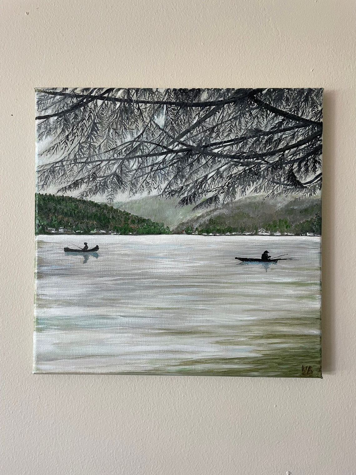 Fishing On Lake Samish Wa State Original Handmade Oil Painting On Lake Landscape Painting Fishermen On The Lake One Of A Kind - Image 4