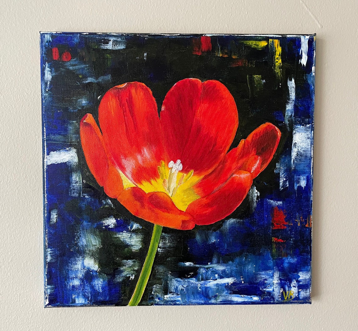 Red Tulip Bloom Dark Blue Abstract Background Dramatic Floral Oil Art - Image 2