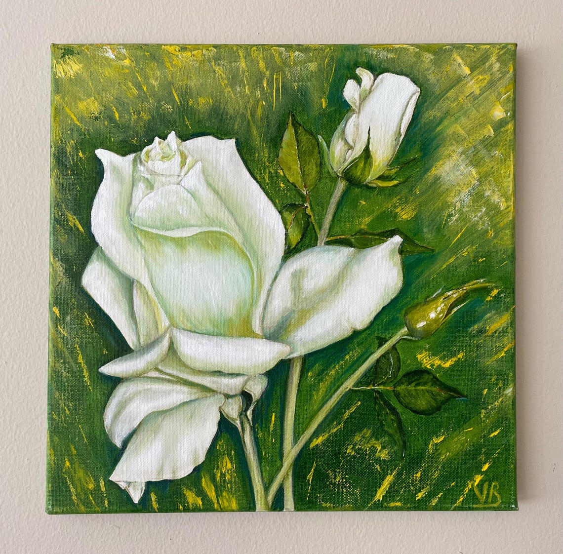White Roses Buds Deep Green Original Oil Painting Floral Wall Art - Image 3
