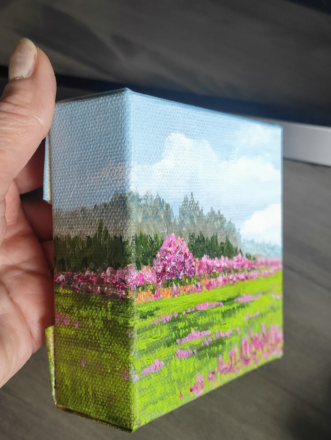 Pink Wildflower Field Spring Mini Canvas Meadow Landscape Painting Art - Image 2