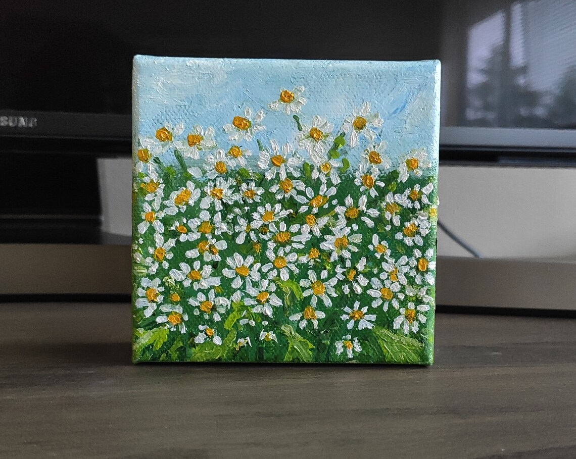 Wildflowers Chamomile Original Oil Art Painting On Field Of Daisies Painting White Green Floral Wall Art Gift For Mom