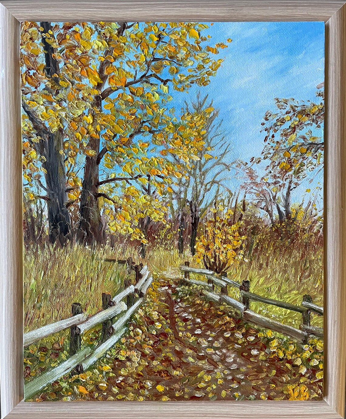 Autumn Golden Tree Lane Wooden Fence Falling Leaves Landscape Poster