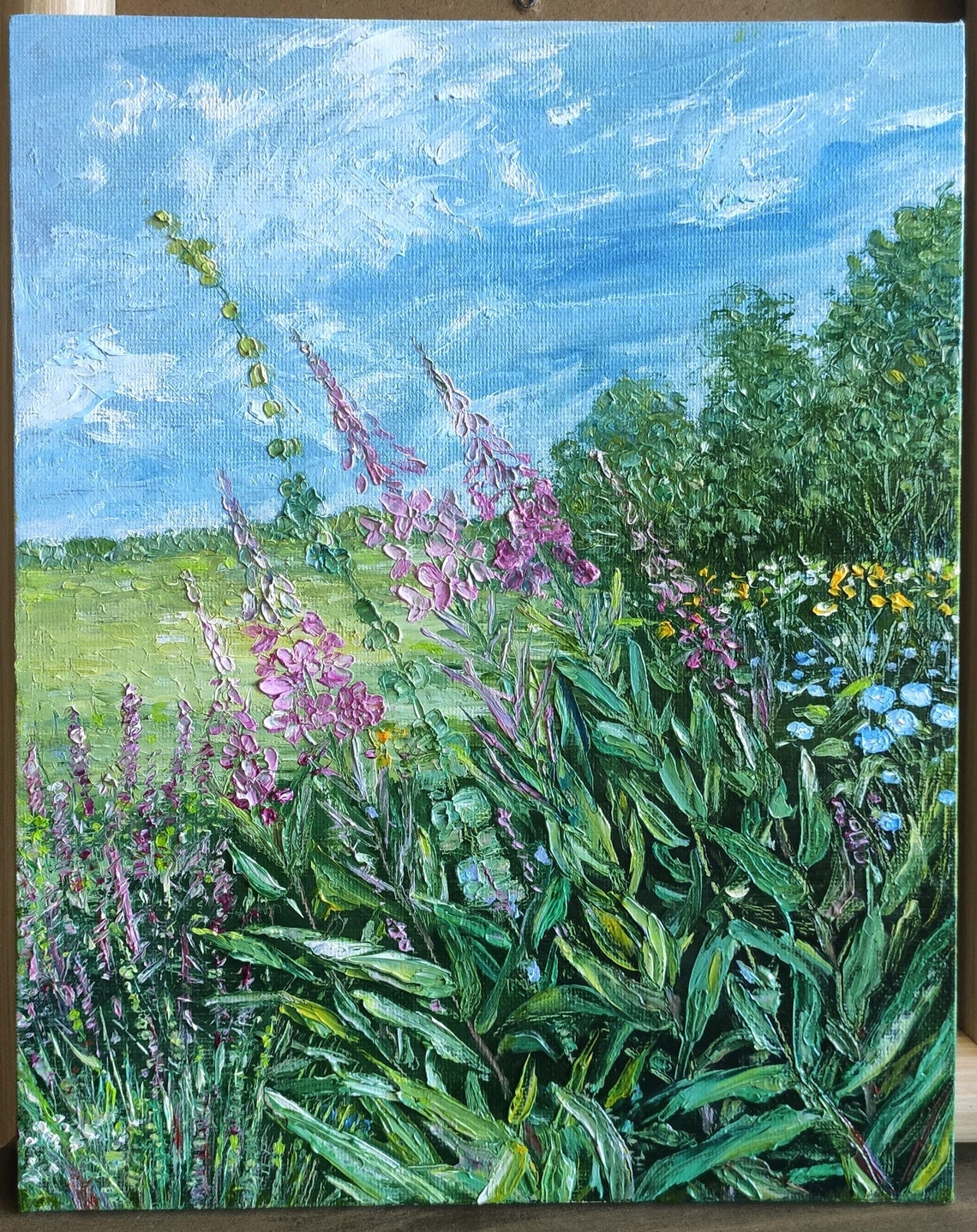 Pink Wildflower Meadow Blue Sky Framed Floral Landscape Painting Art - Image 2