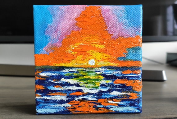 Seascape Sunset Original Handmade Abstract Oil Painting On Bright Hawaiian Sunset Gallery Wall Art One Of Kind Gift