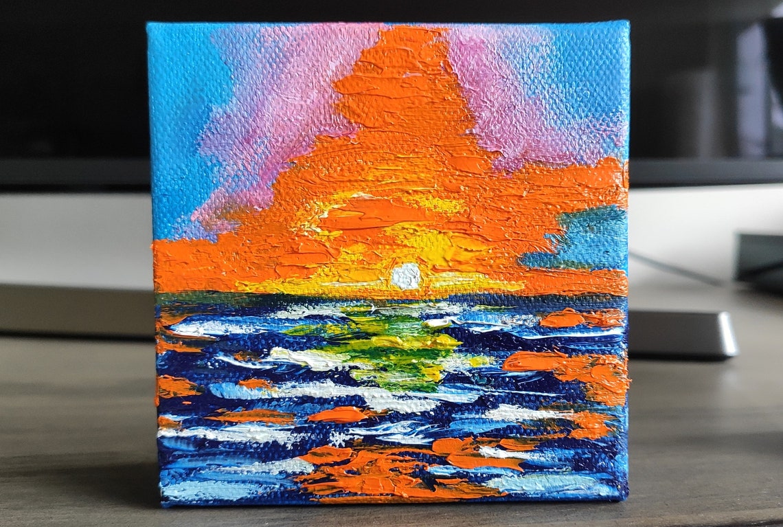 Abstract Ocean Sunset Orange Sky Impasto Oil Painting Mini Wall Art
