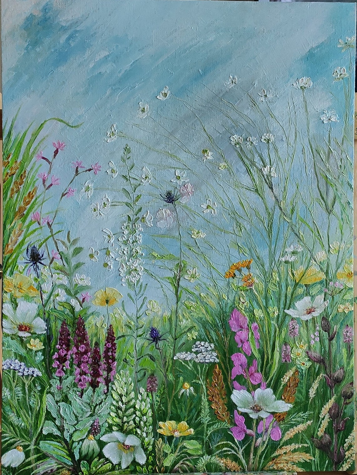 Dense Wildflower Meadow White Cosmos Blooms Nature Oil Painting Art - Image 3