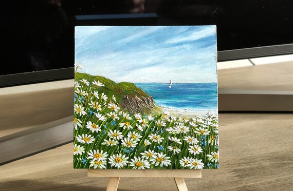 White Daisy Cliff Seaside Ocean View Mini Canvas Landscape Art Poster