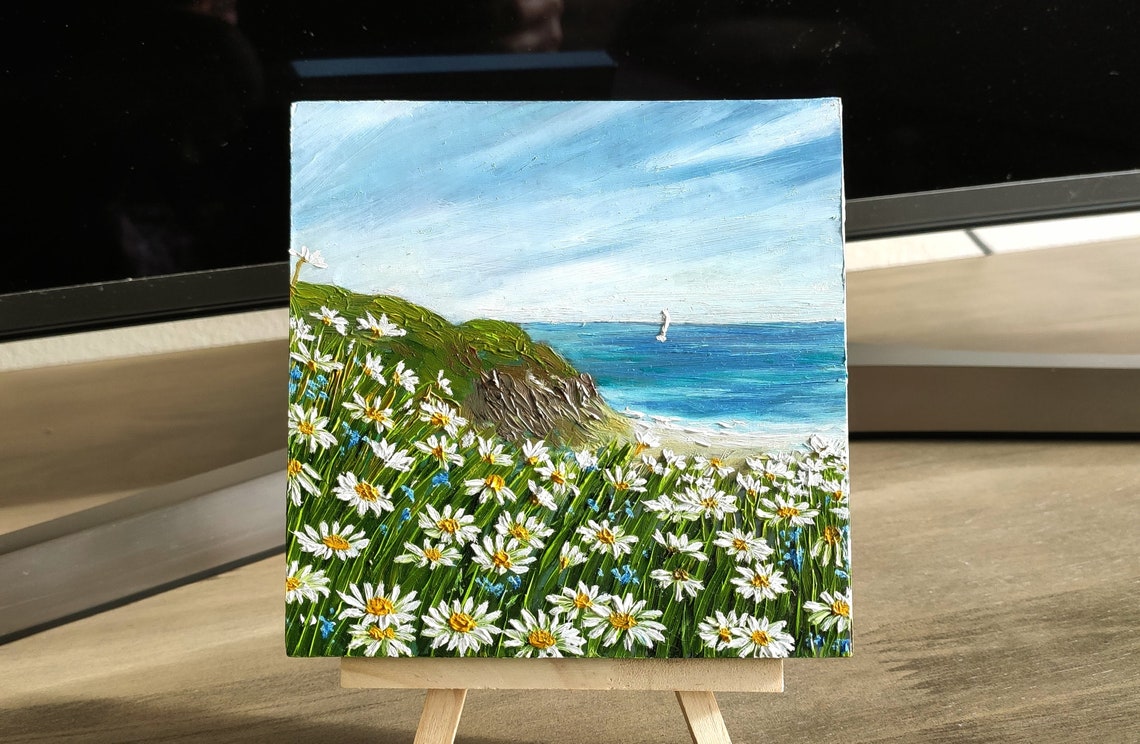 White Daisy Cliff Seaside Ocean View Mini Canvas Landscape Art Poster