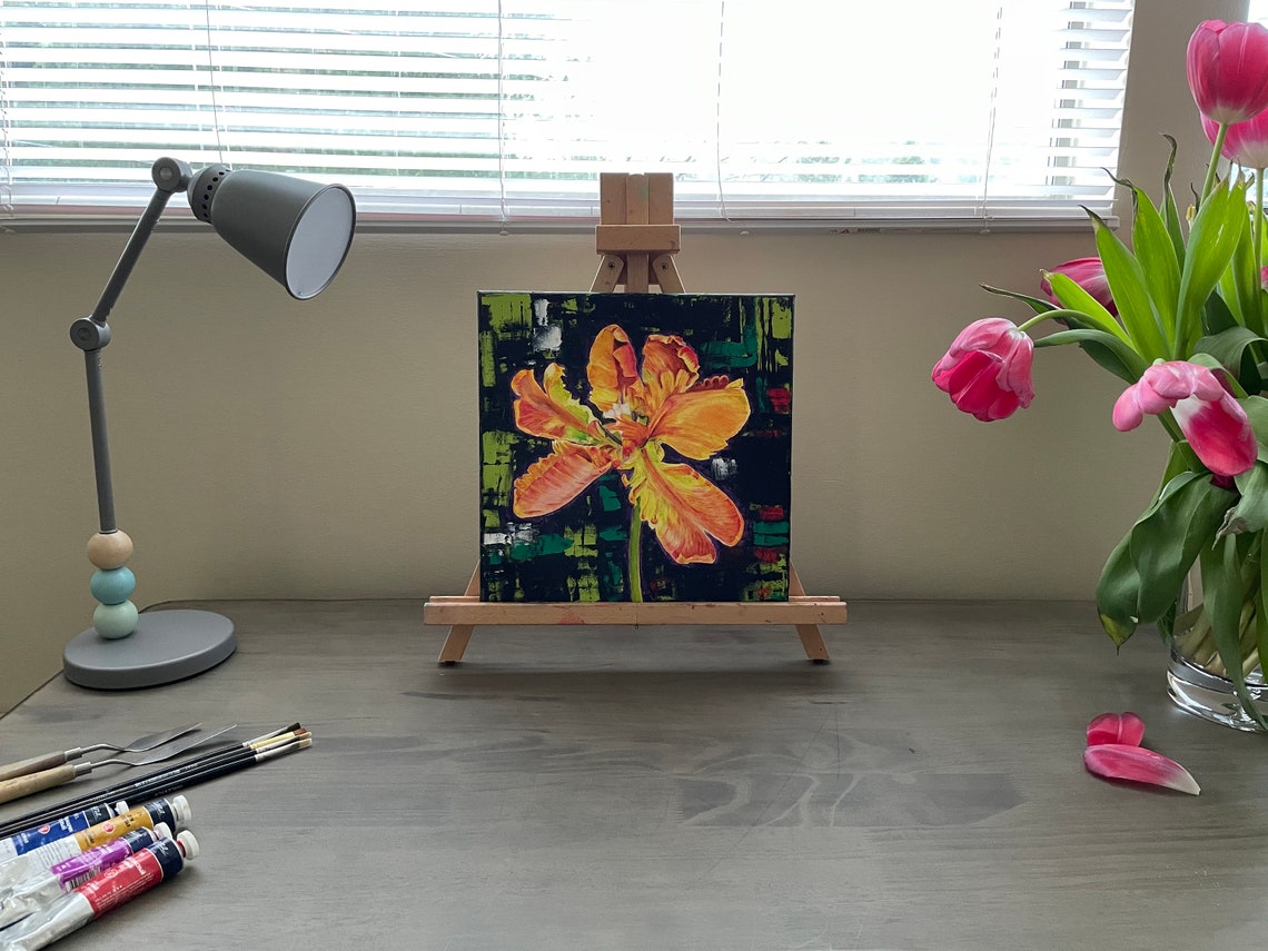 Orange Parrot Tulip Abstract Dark Background Bold Floral Oil Wall Art - Image 2