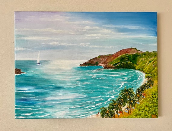 Hawaiian Island Seascape Original Handmade Oil Painting On Hanauma Bay Beach Oahu Painting Nautical Wall Art One Of A Kind Gift