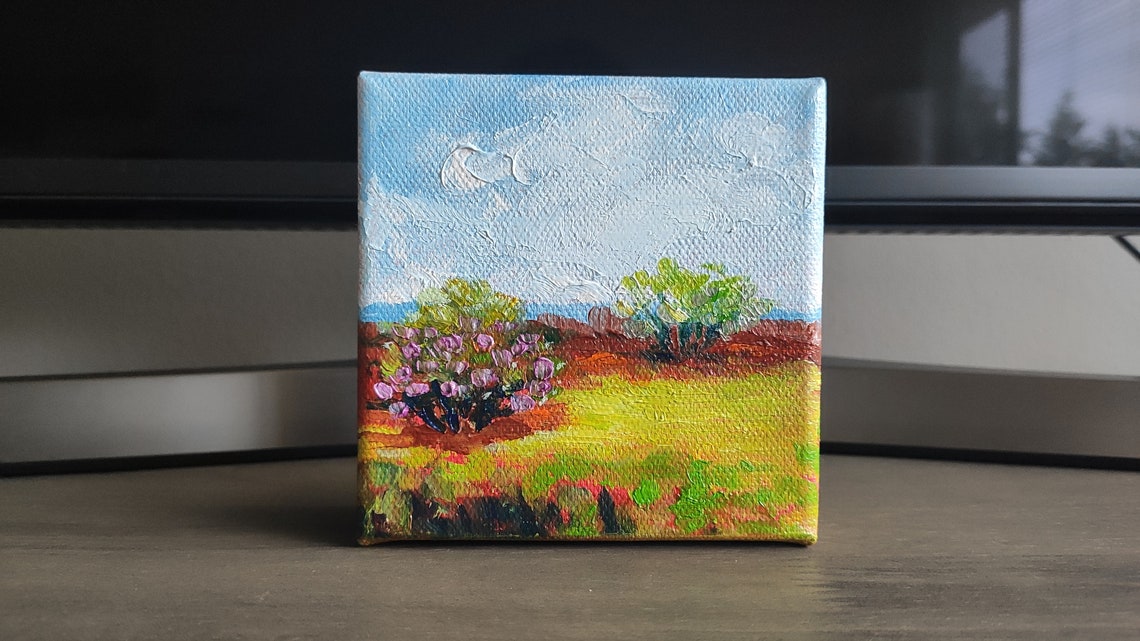 Rustic Country Landscape Purple Blossoms Field Oil Painting Wall Art - Image 3