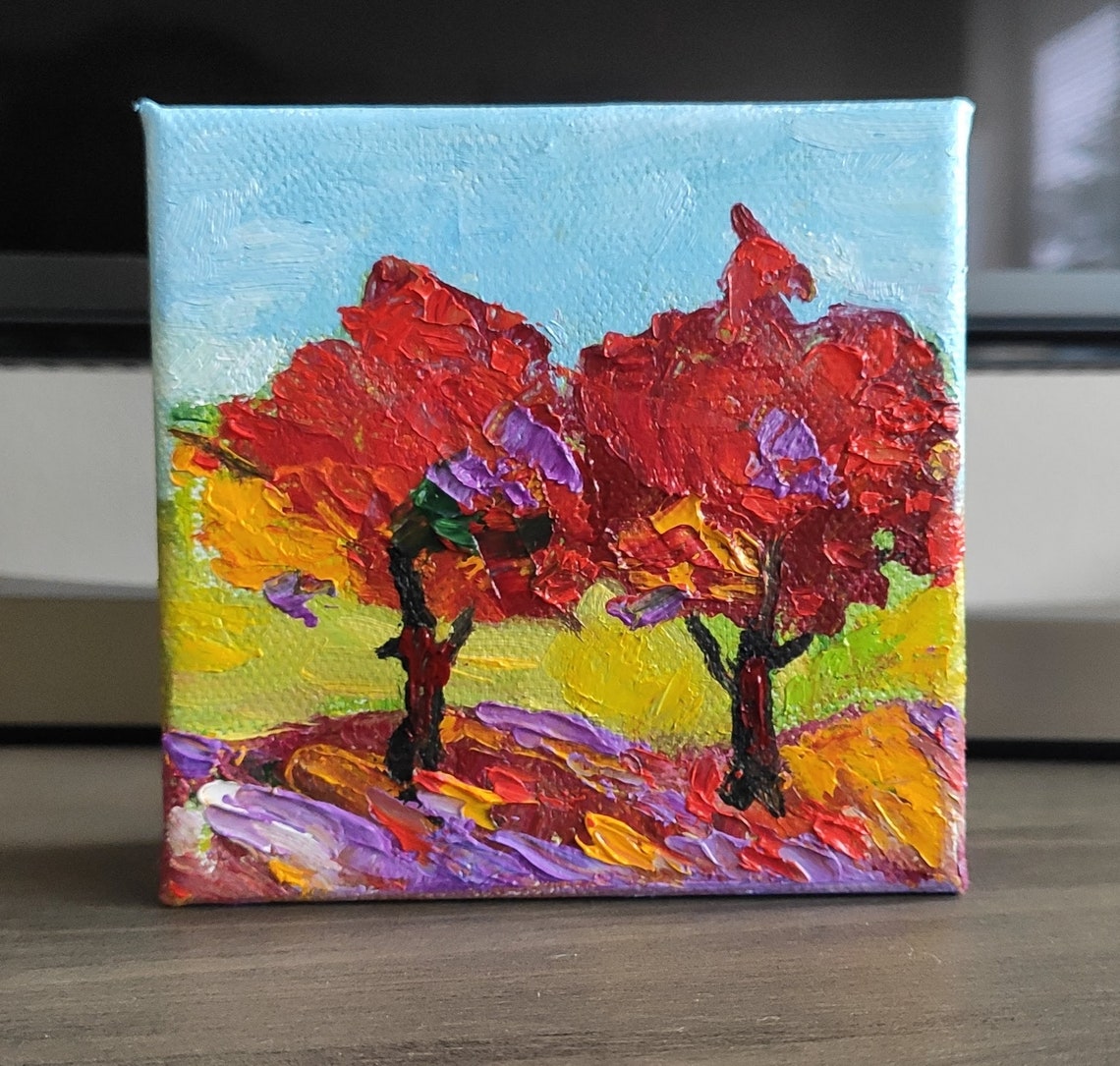 Red Autumn Trees Impasto Abstract Original Oil Painting Fall Wall Art - Image 3