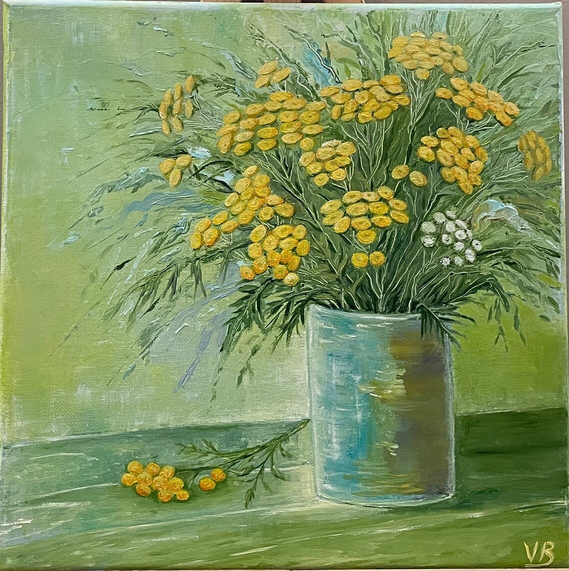 Yellow Tansy Wildflowers Glass Vase Floral Oil Painting Wall Art