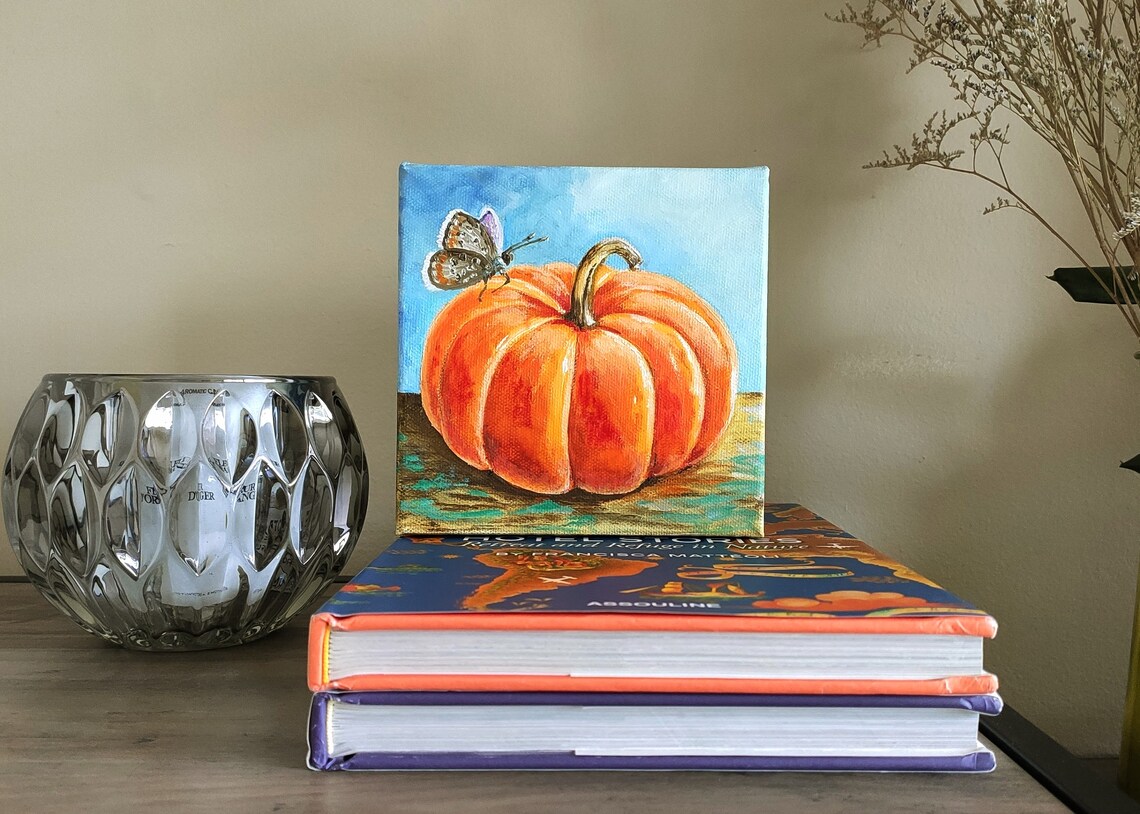 Orange Pumpkin Butterfly Fall Harvest Still Life Oil Painting Wall Art - Image 4