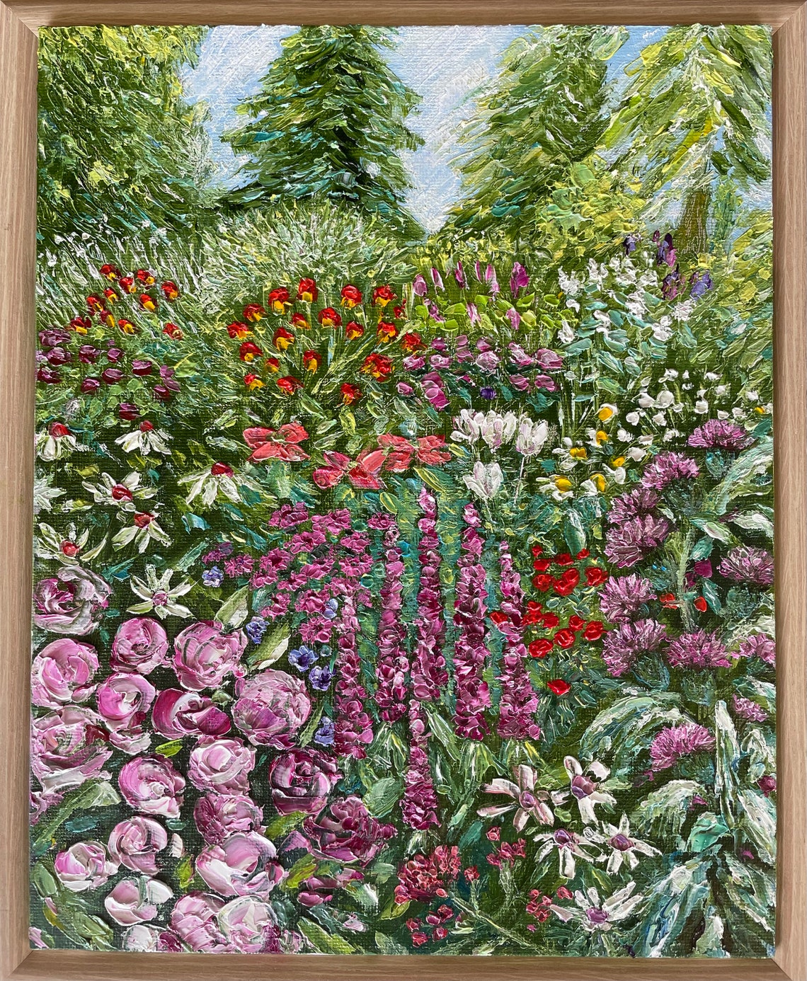 Lush Summer Garden With Pink Roses Salvia Poppies Fir Trees Art Poster - Image 2