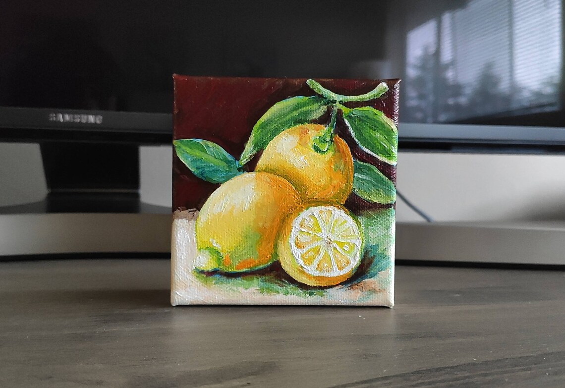 Fresh Lemon Citrus Fruit Still Life Original Oil Painting Kitchen Wall Art