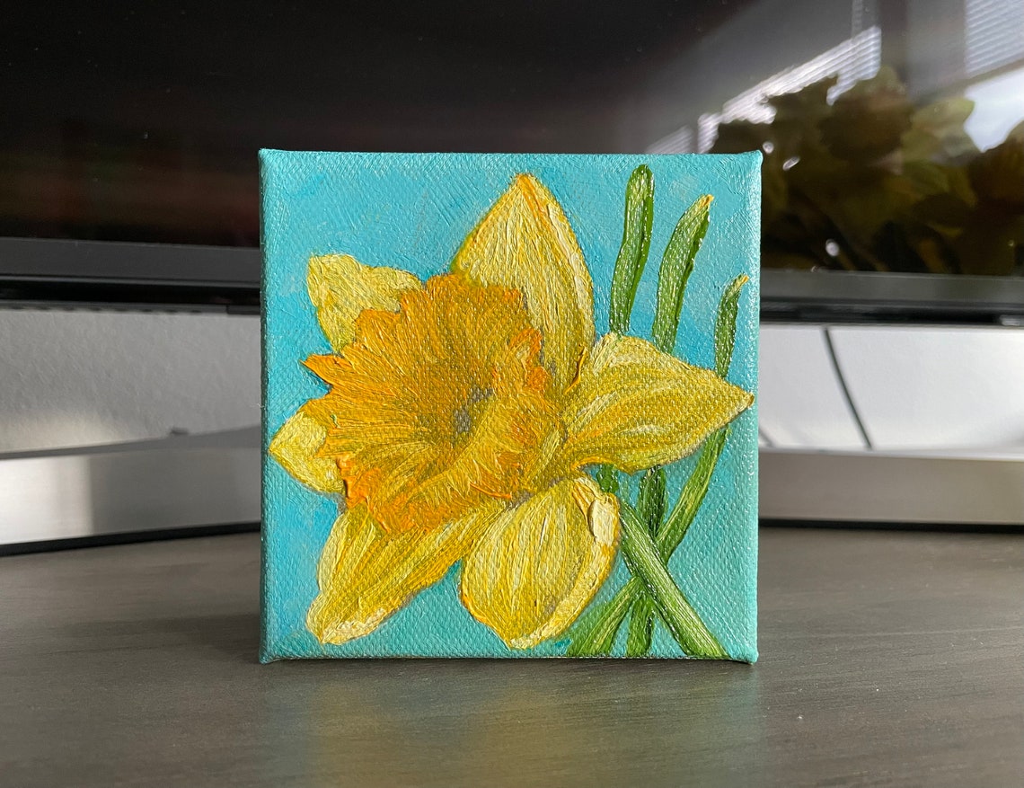 Yellow Daffodil Turquoise Mini Canvas Spring Floral Painting Poster