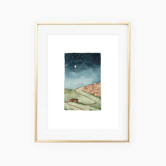 Nativity Night 2 Watercolor Landscape Art Print